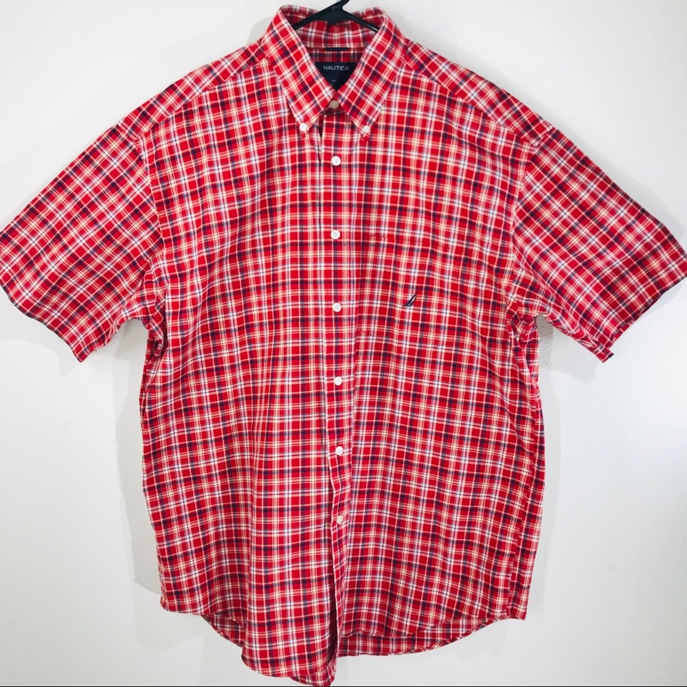 Nautica Red & Blue Plaid Button Front Size Large